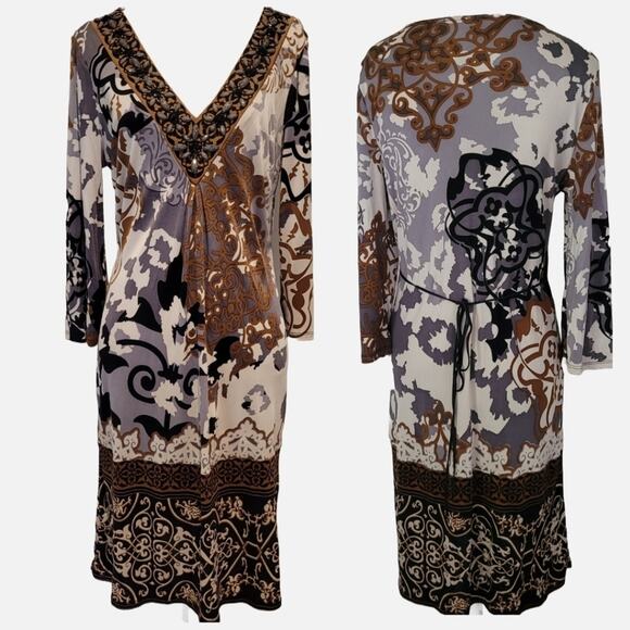Hale Bob 100% Silk Knit Embellished V-Neck Long Sleeve Dress - Size Medium - Picture 1 of 8